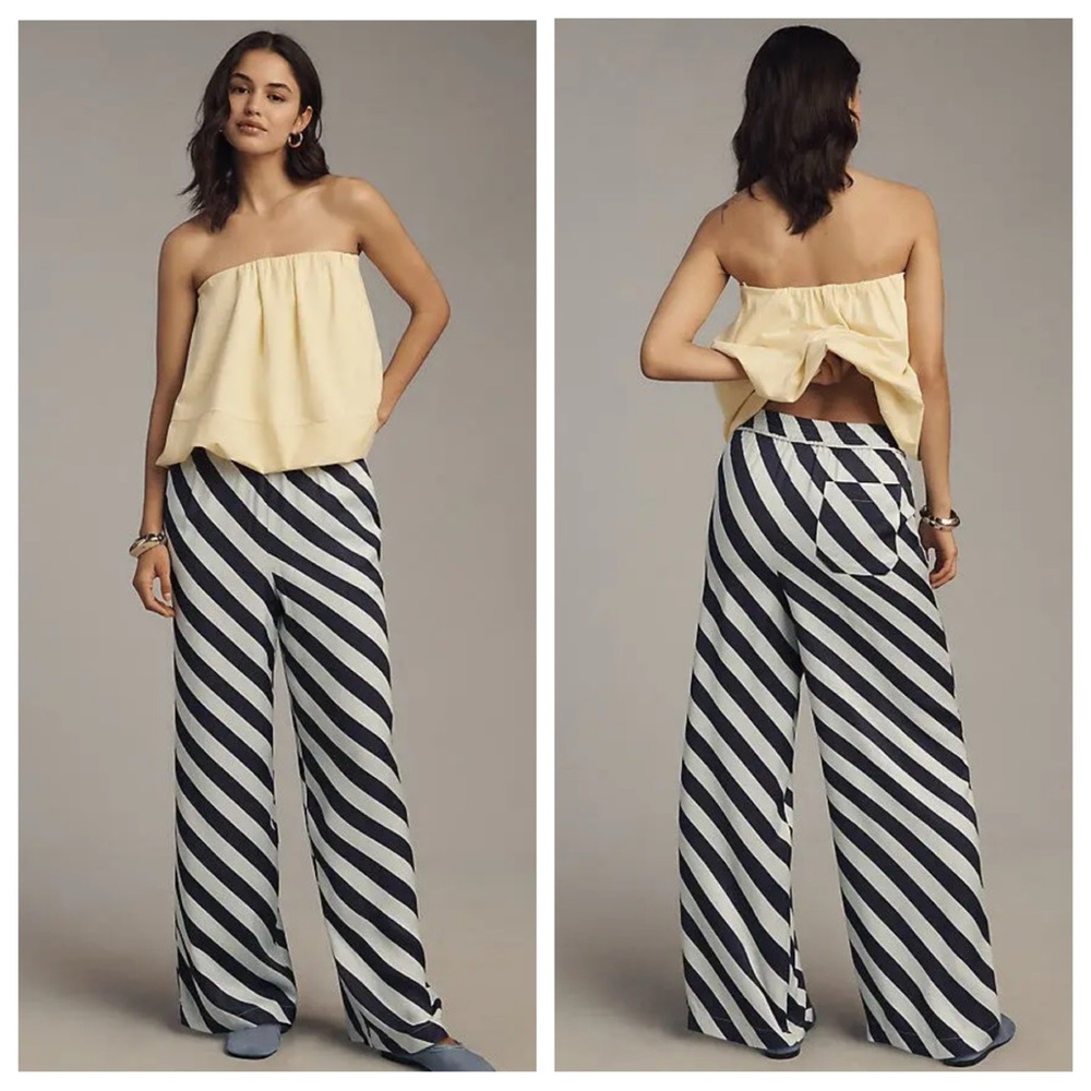 NEW Maeve Anthropologie Pants Womens M Blue Striped Wide Leg Bohemian Resortwear